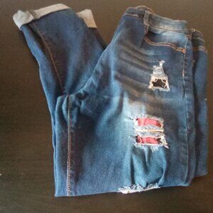 Distressed Blue Denim Jeans with Red Patches Large